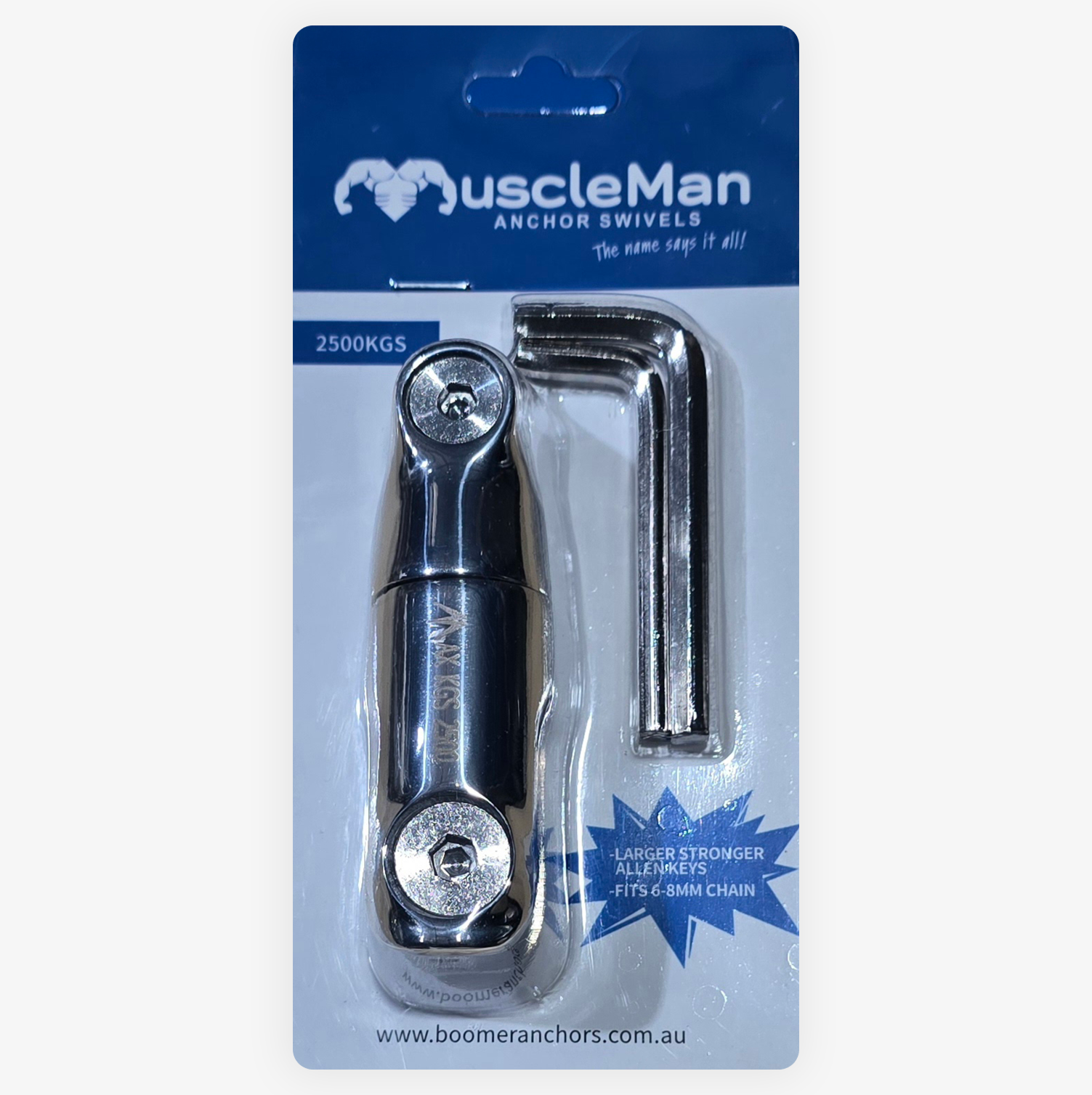 MuscleMan Anchor Swivel packaged product, rated 2500kgs, includes swivel and large Allen key. Suitable for 6–8mm chain, designed for strength and durability in marine applications. Brand: Boomer Anchors